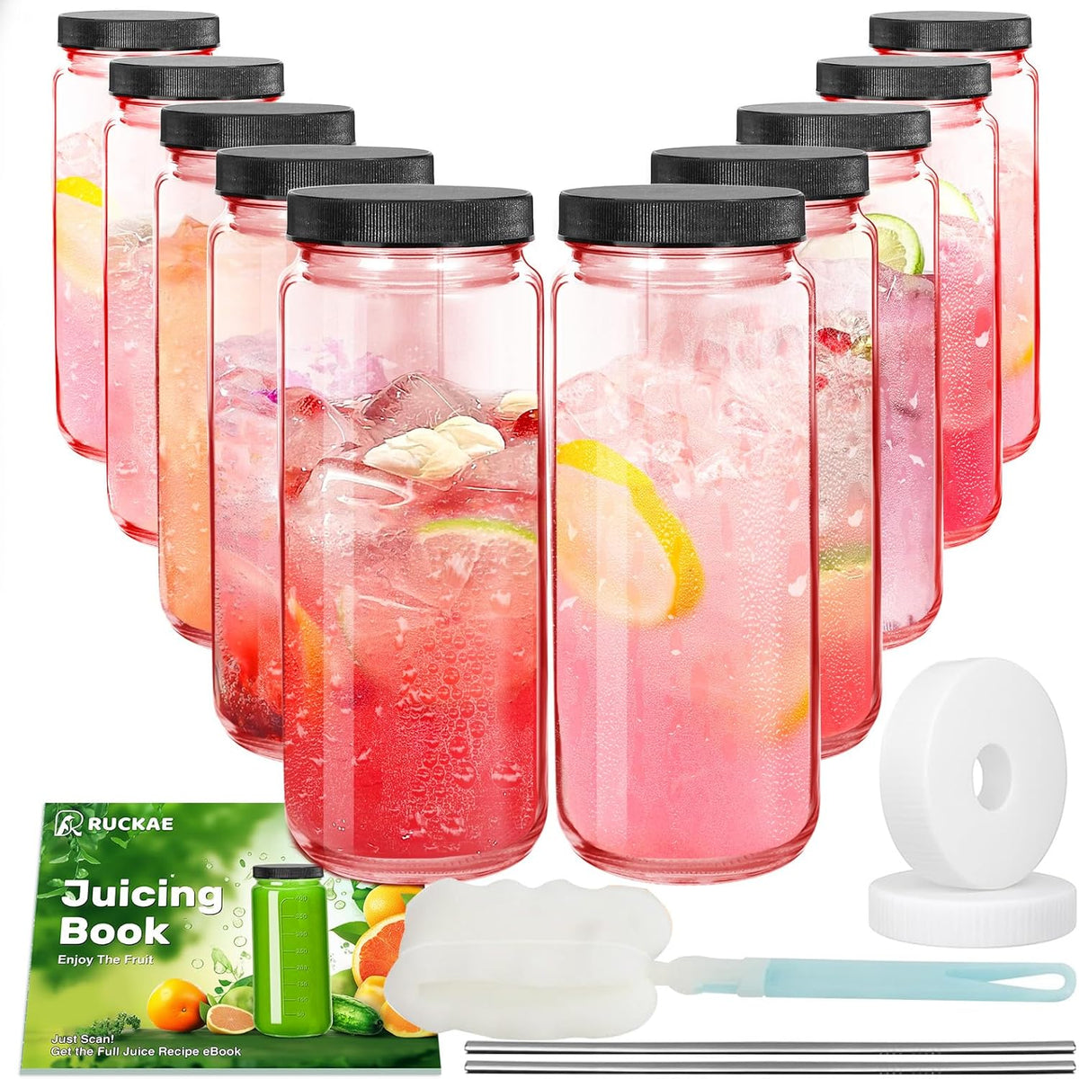 Ruckae Pink 16oz 10 Pack Juice Bottles, Glass Bottles Juicing with Lids, Smoothie Cup Lids and Straws, Water Bottle Mason Jar Drinking Glasses for Juicing, Smoothies, Kombucha
