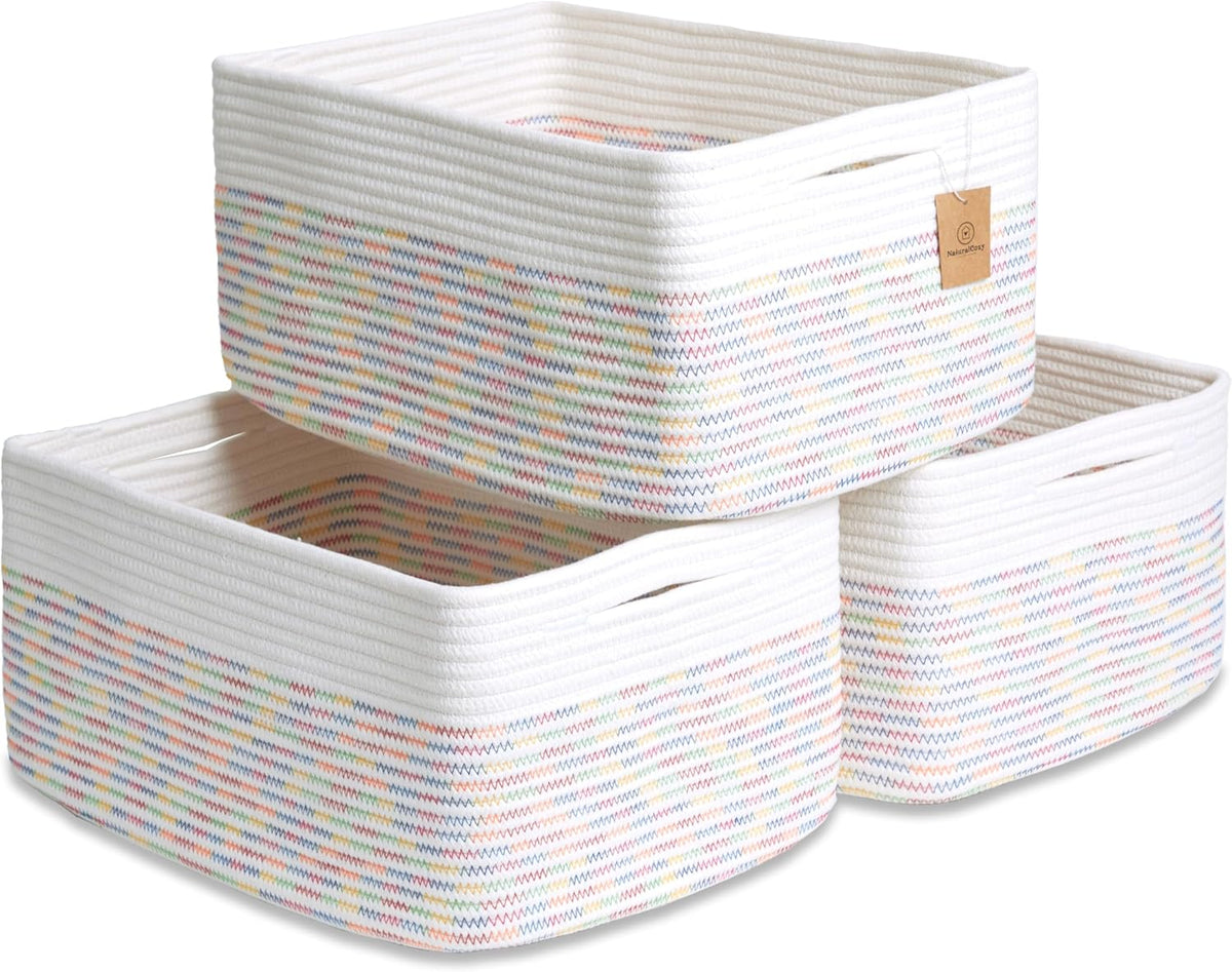NaturalCozy Storage Baskets 16.8”x13”x7.6” Cotton Rope Woven Baskets for Organizing 3-Pack | Toy Storage Bins | Basket for Shelves, Laundry, Blanket, Clothes, Closet, Kitchen, Bathroom, Gifts