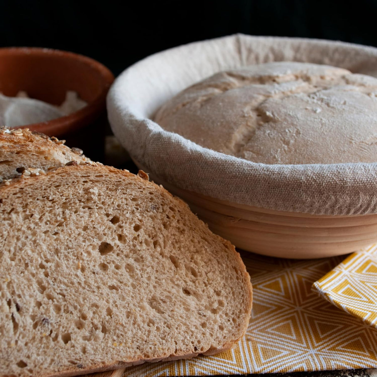 Premium Bread Proofing Set with Acacia Wood - Sourdough Bread Baking Supplies, 2 Rattan Banneton Baskets, 2 Basket Covers, Brush, Metal Scrapper, Plastic Scrapper, Scoring Lame, 5 Blades & Case