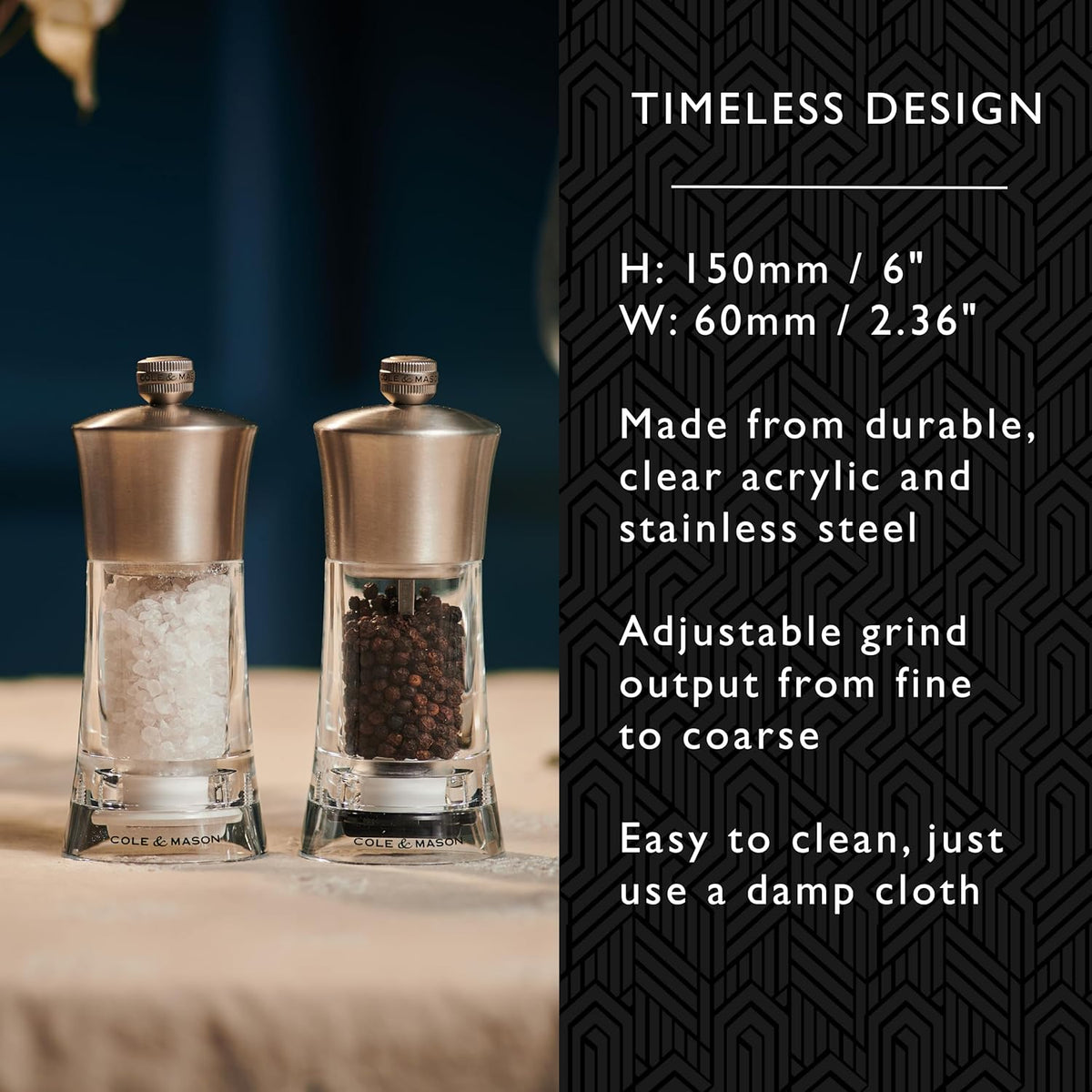 Cole & Mason Bromley Salt Mill, 6" - Salt Grinder with Ultra-Sharp Grinding Mechanism - Flavor-Enhancing Salt Shaker - Refillable Mill with Adjustable Grinding - Acrylic, Salt Mill