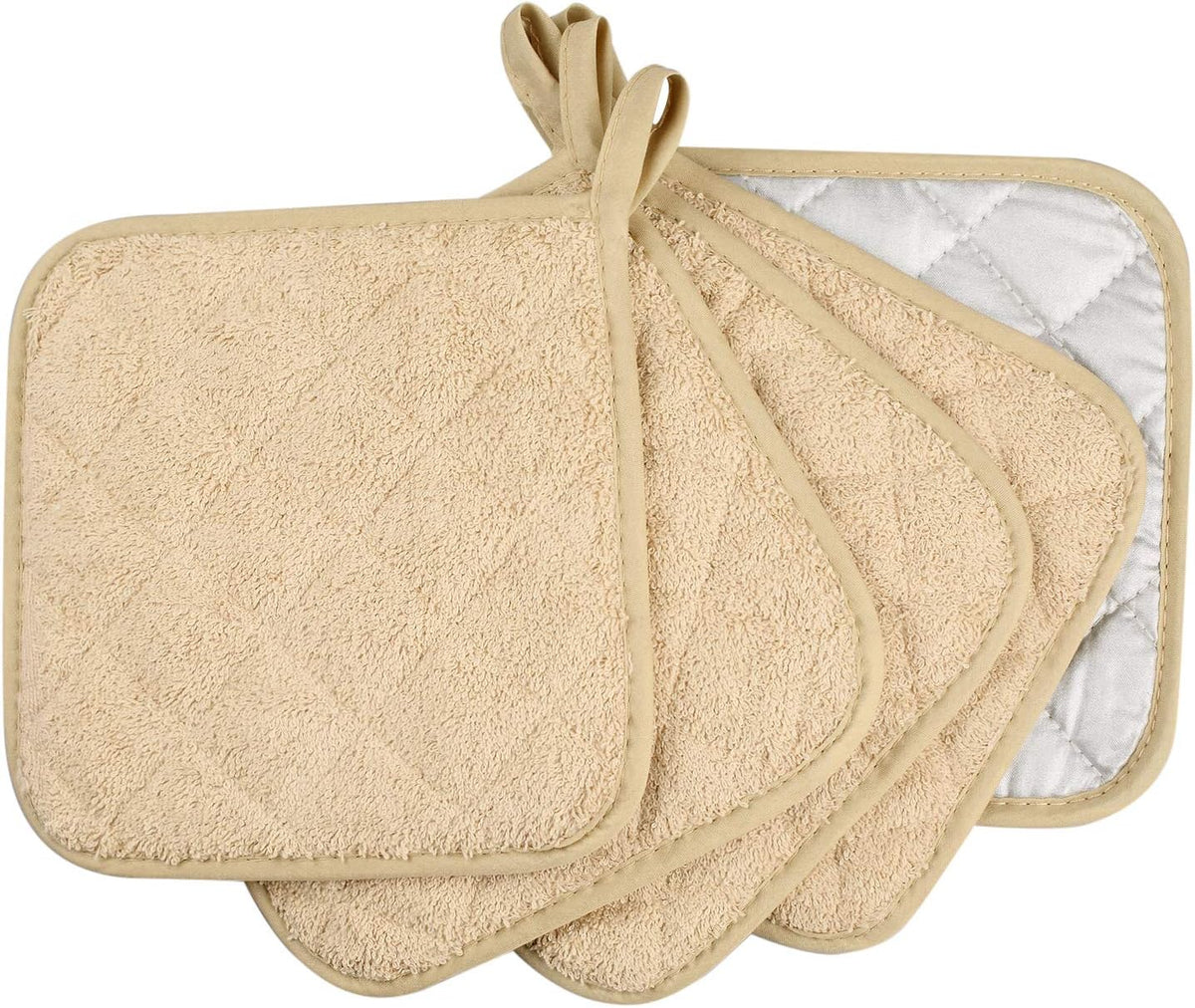 100% Cotton Kitchen Everyday Basic Terry Pot Holder Heat Resistant Coaster Potholder for Cooking and Baking Set of 5 Light Brown