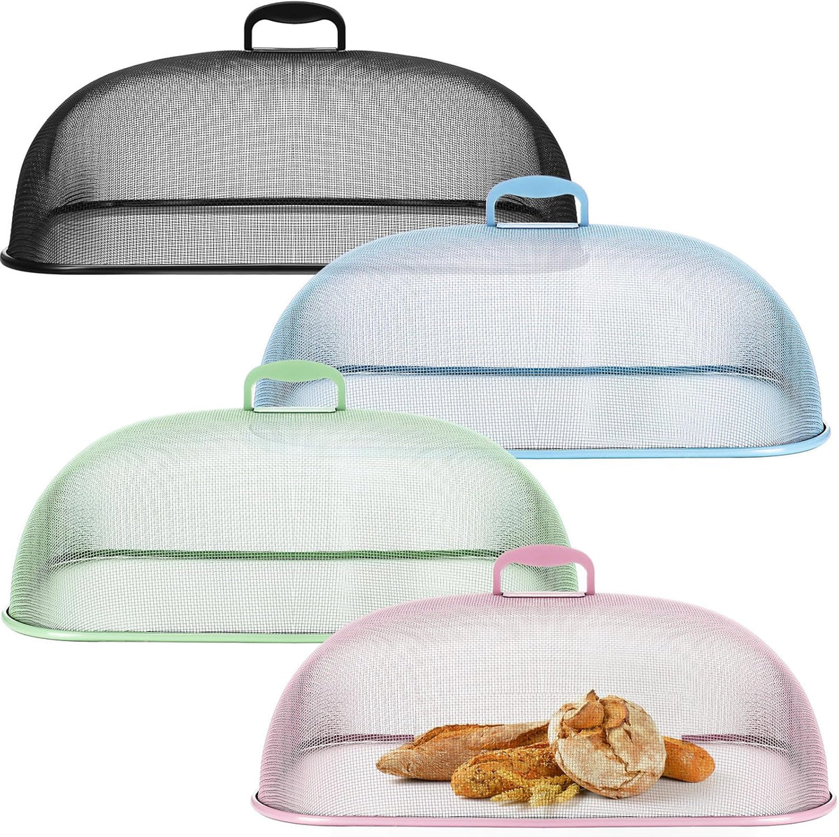 Hicarer 4 Pcs Metal Mesh Screen Food Cover for Outdoors Set Large 18.5 Inch Mesh Food Tents for Outdoor Mesh Food Covers Picnic Food Covers for Indoor Plate (Black, Blue, Green, Pink)