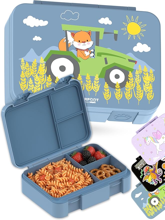 BEARFOOT Kids Lunch Box with Compartments – Compact & Lightweight | Leak-Proof, BPA-Free, Dishwasher & Microwave Safe | Hand-Drawn Design for Preschool, School, Travel (Tractor Fox Blue, 4 Cups)