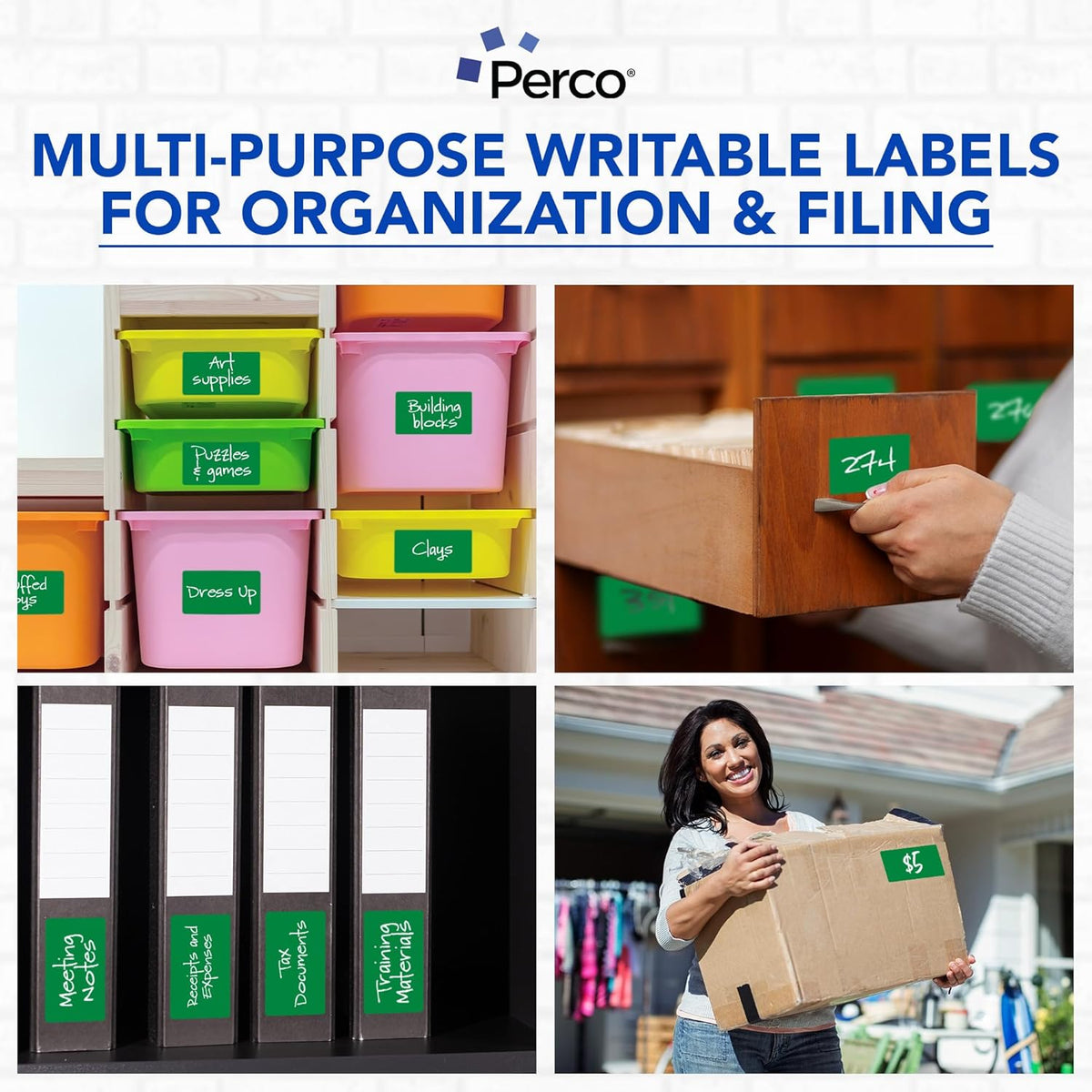 Perco Green Labels 3x5 Inch 500 Stickers/Roll with Easy Peel Perforation and Strong Adhesion for Inventory Management, Color Coding, Moving Boxes, Retail, Organizing & Crafts – Made in USA