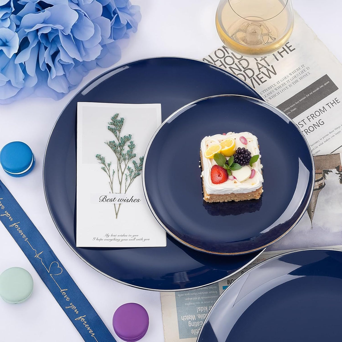 KIRE 200PCS Blue Plastic Plates with Silver Rim - Navy Blue Plastic Plates Include 100 Dinner & Dessert Plate - Heavy Duty Dark Blue Disposable Plate for Parties/Wedding