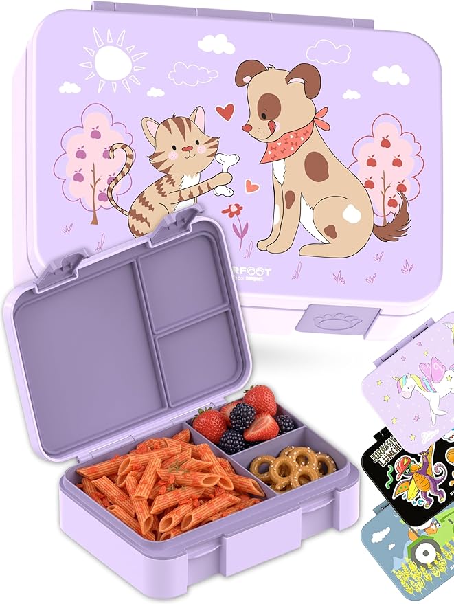 BEARFOOT Kids Lunch Box with Compartments – Compact & Lightweight | Leak-Proof, BPA-Free, Dishwasher & Microwave Safe | Hand-Drawn Design for Preschool, School, Travel (Dog & Cat Purple, 4 Cups)