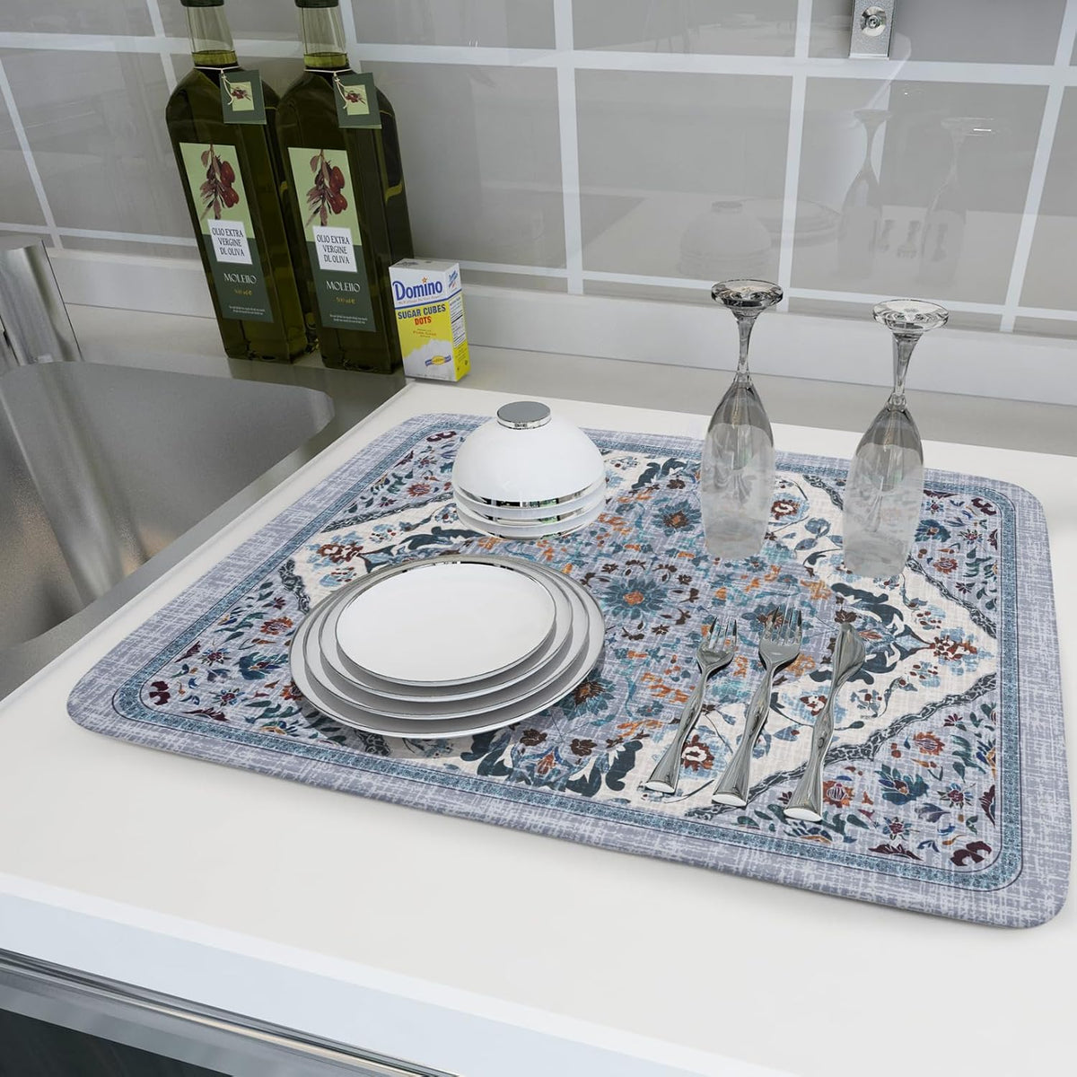 Boho Flower Dish Drying Mat Blue Bohemian Dishes Drainer Rack Mat 18x24 Inch Microfiber Kitchen Drying Pad for Countertop Tableware Decor