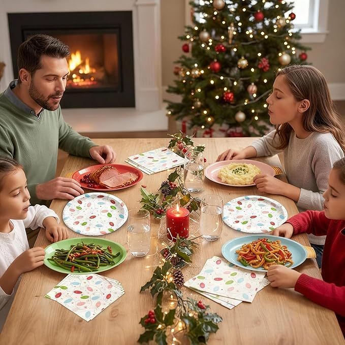 OuMuaMua 150Pcs Christmas Paper Plates and Napkins Set Disposable, Heavy Duty Christmas Light Bulb Design Party Supplies Serve 50, Fancy Disposable Dinnerware Set for Holiday Home Xmas Party Decor