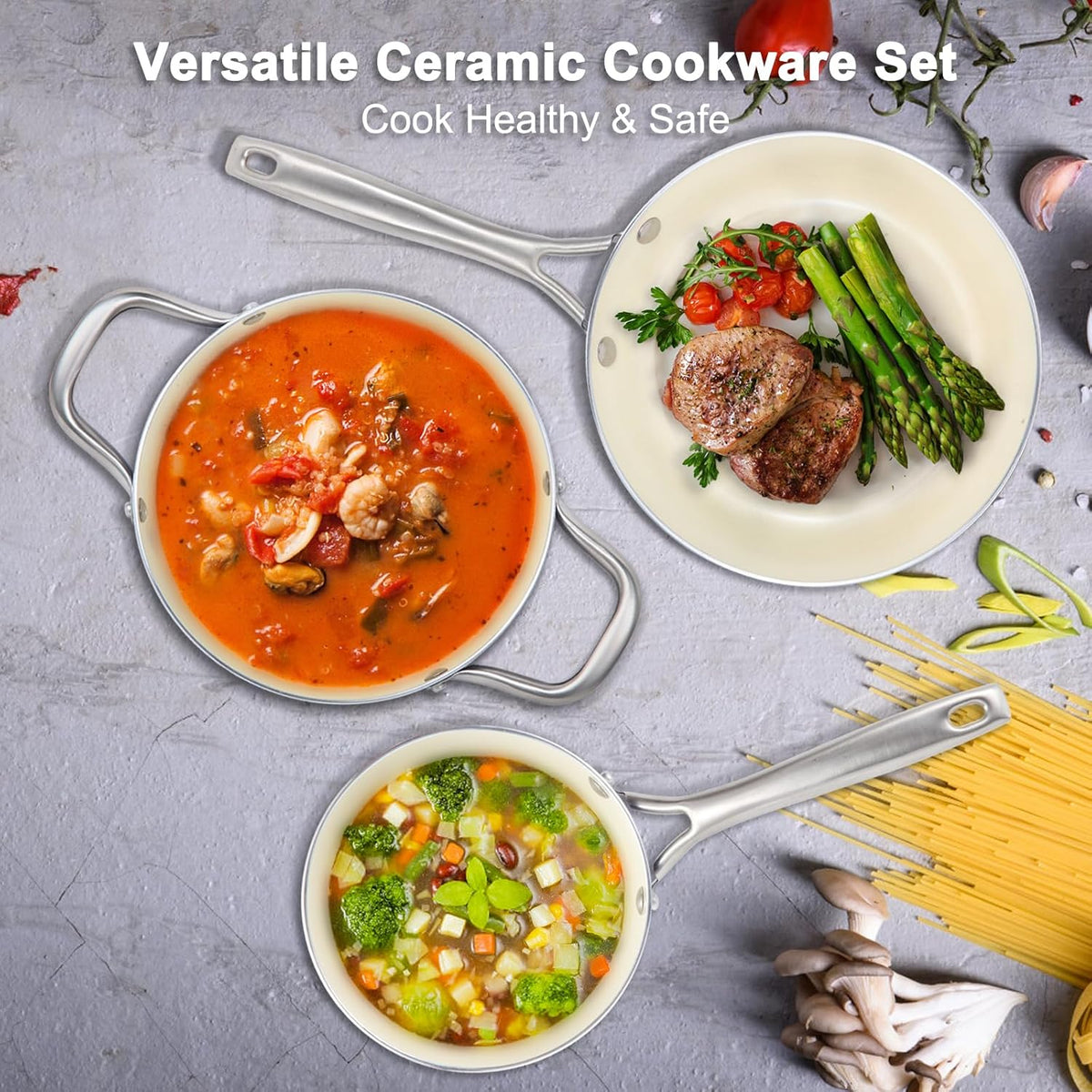 Pots and Pans Set, 7 Piece Nonstick Ceramic Cookware Set, Kitchen Induction Cookware Sets, Pots and Pans Non Stick with Oven Safe Handle, 100% PFOA Free, Blue