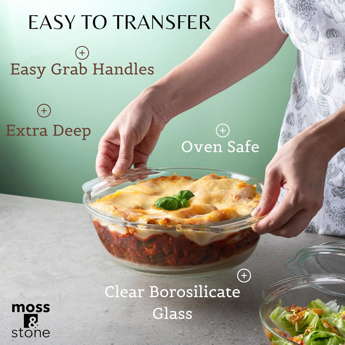 Moss & Stone 6-Piece Clear Glass Casserole Dishes for Oven With Lids, Durable Tempered Borosilicate Glass Bakeware Set, Microwave Safe, 3 Round Sizes for Cooking, Serving & Storage