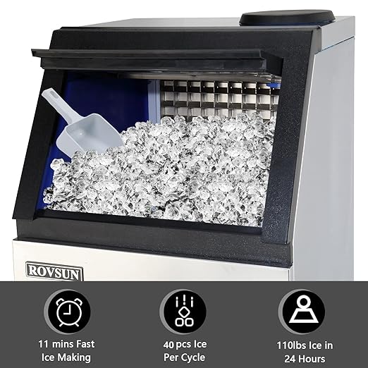 ROVSUN Commercial Ice Maker 110lbs/24h Automatic Built-in Stainless Steel Under Counter/Portable Freestanding for Restaurant Bar with 24lbs Storage, Connection Hoses & Ice Scoop