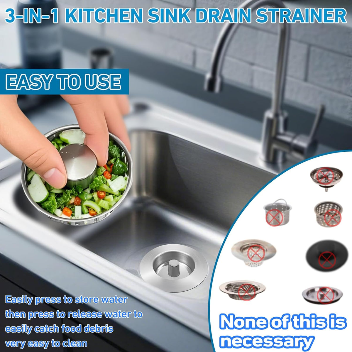3-in-1 Kitchen Sink Drain Strainer & Stopper, Stainless Steel Food Catcher Plug with Filter Basket, Fits 3-1/2 Inch Drain Hole, Universal Sink Protector Cover, Anti-Clogging, Silver (1, Sus304)