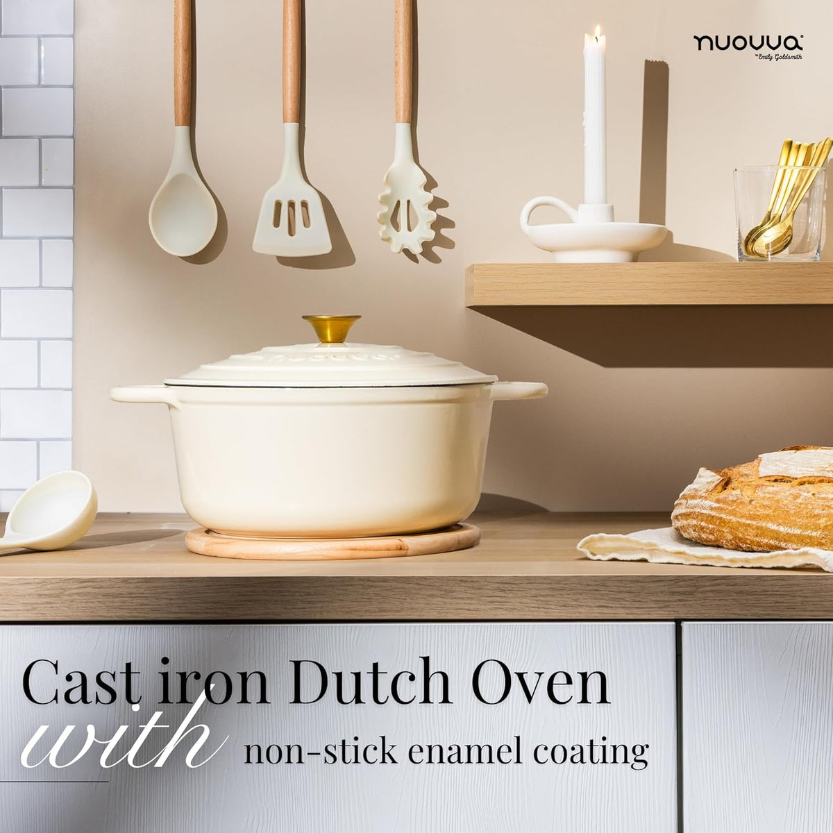 Nuovva Enamelled Cast Iron Dutch Oven Pot with Lid – 6.4 Quart Non Stick Casserole Pot – Heavy Duty & Oven Safe up to 500° F for Bread Baking, Braising, Stews, Roasting – 28cm Cream