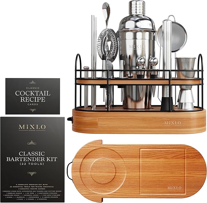 Mixology Bartender Kit - 22Pcs Bar Set Cocktail Shaker Set w Brown Bar Cart Accessories Stand - Shakers Bartending Silver Tools, 24oz Shaker, 17 Recipe Cards, Martini Barware