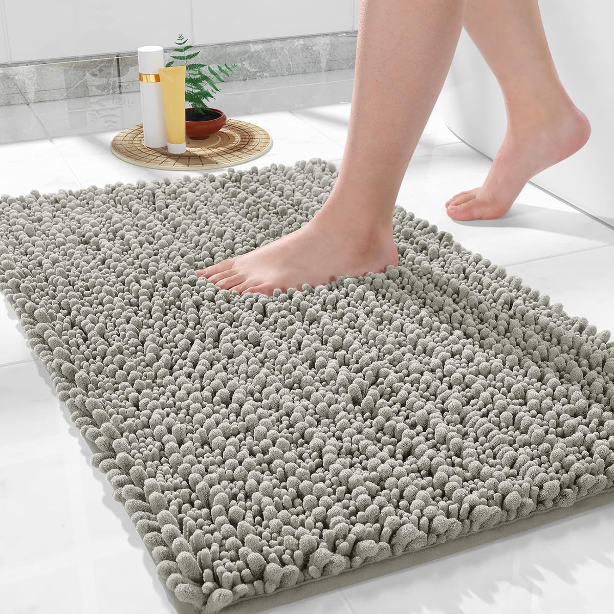 Yimobra Bathroom Rugs Non Slip Washable 24x17 Inch - Ultra Soft Absorbent Chenille Bath Mat, Quick Dry Shaggy Floor Carpet for Tub Shower, Sand Home Decor Accessories