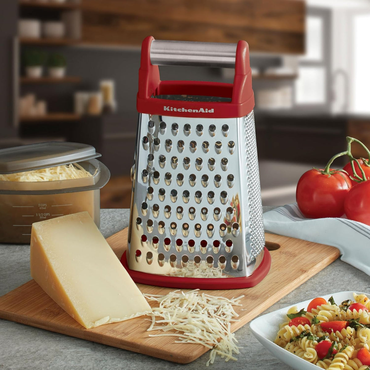 KitchenAid Gourmet 4-Sided Stainless Steel Box Grater for Fine, Medium and Coarse Grate, and Slicing, Detachable 3 Cup Storage Container and Measurment Markings, Dishwasher Safe, 10 inch, Red