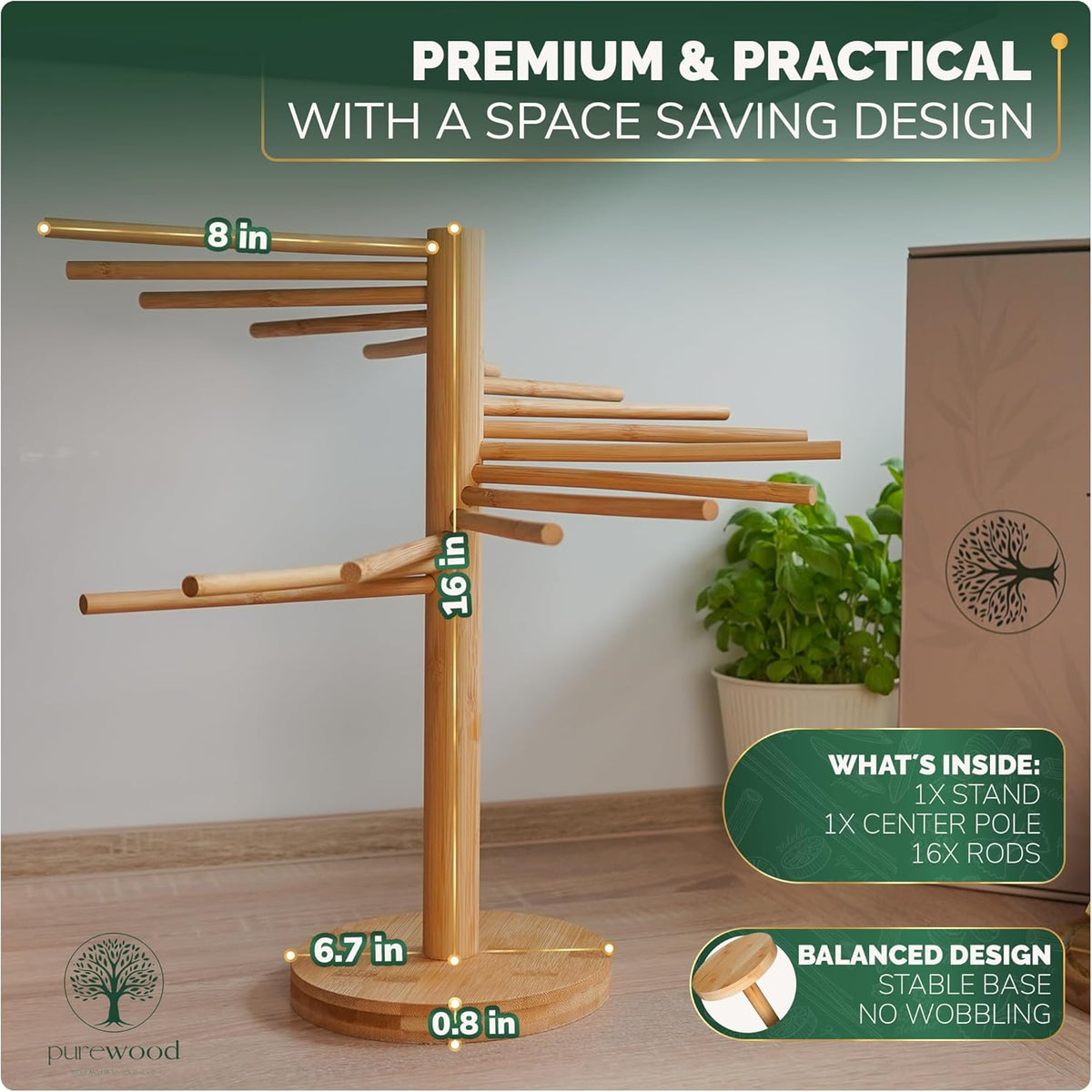 Purewood Premium Collapsible Pasta Drying Rack, Wooden Noodle Dryer Stand for Fresh Pasta, Pasta Maker Accessory, 100% Natural Bamboo, Bonus Recipe Book Included, Space-Saving Large Capacity