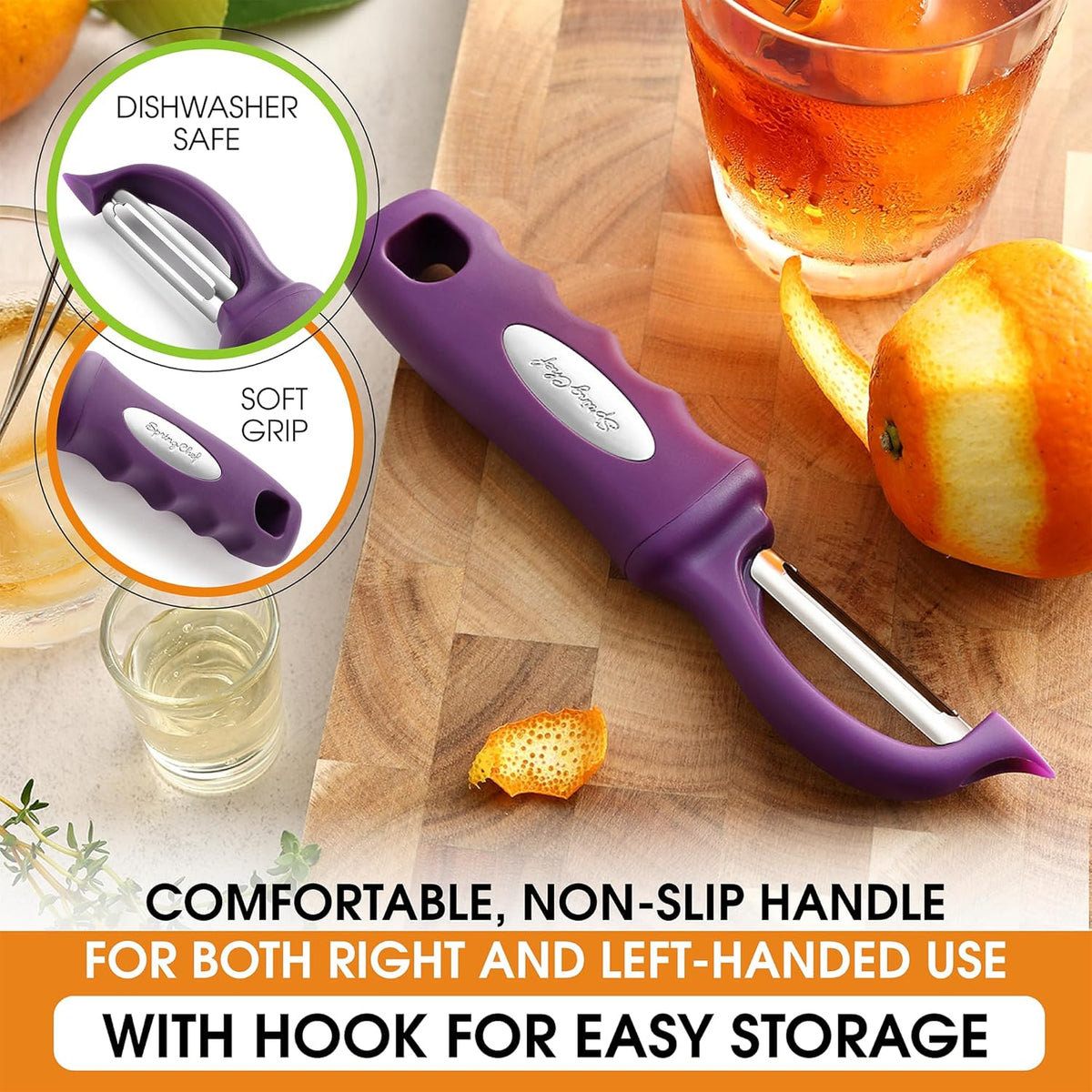 Spring Chef Professional Purple Swivel Vegetable Peeler for Kitchen, Stainless Steel Potato Peeler with Soft Grip Handle, Perfect For Veggie, Fruit, Carrot, Apple, Cucumber - Dishwasher Safe