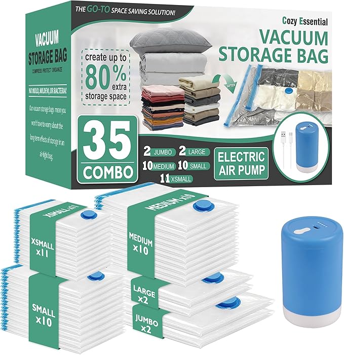 Cozy Essential 35 Pack Vacuum Storage Bags with Electric Pump, Vacuum Seal Space Saver Bags for Clothing, Pillows, Blanket, Bedding, Comforters
