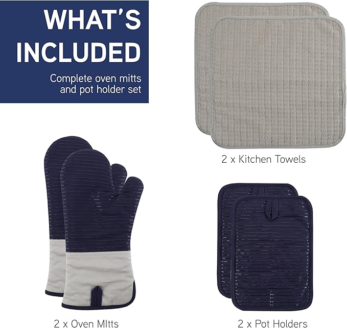 COOK WITH COLOR Silicone Oven Mitts- Heat Resistant Gloves with Soft Quilted Lining Oven Mitt Pot Holders for Cooking and BBQ, Navy, Material Mitt Set