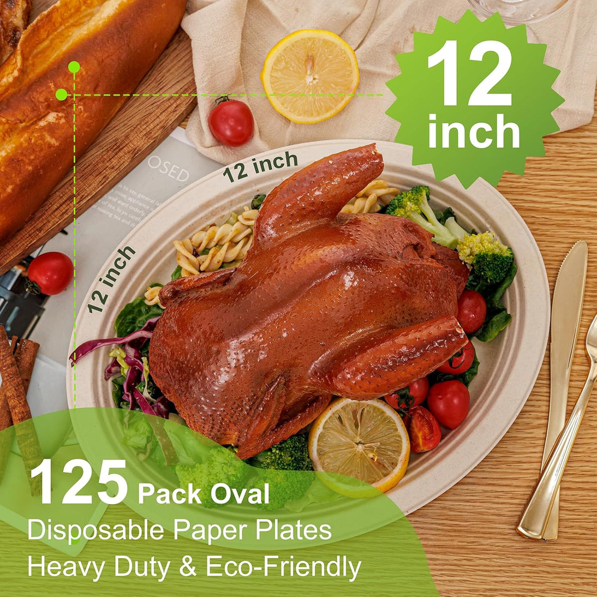 WELLIFE 100% Compostable Oval Paper Plates 12 Inch, 125-Pack Heavy Duty Paper Plates Bulk,Biodegradable Bagasse,Eco-Friendly Disposable Dinner Plate for BBQ,Picnic,Party (BPI Certified,Microwaveable)