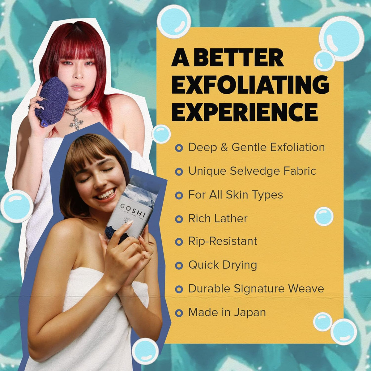 GOSHI Exfoliating Shower Sponge - Rip-Resistant, Rapid-Drying Exfoliating Bath Sponge for All Skin Types - Indigo Blue - Made in Japan
