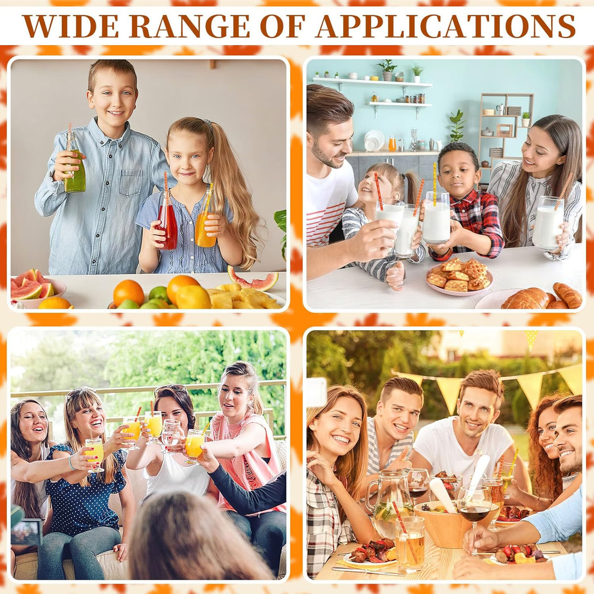 JANYUN 30 Pieces Fall Straws, 9inch Hard Platic Reusable Thanksgiving Drinking Straws Autumn Maple Leaf Pumpkin Straw for Family Party Favors Supplies Cleaning Brush (Orange & Yellow)