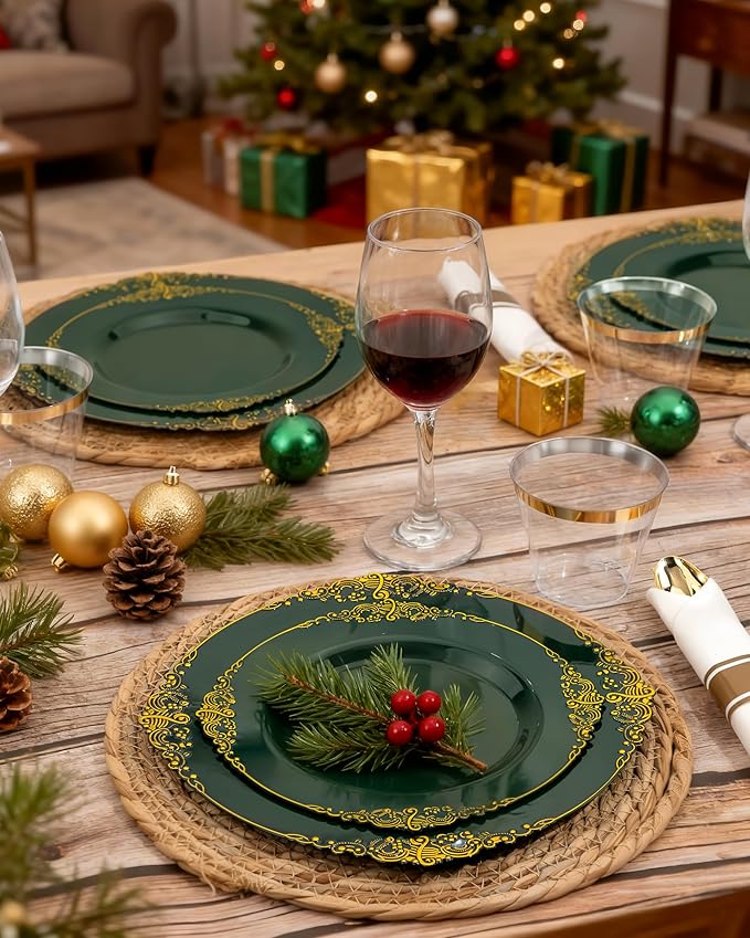 Nervure 350PCS Green Plastic Plates - Green Gold Plastic Dinnerware Sets for 50 Guests - 100 Disposable Plates, 150 Gold Silverware, 50 Cups, 50 Napkins for Wedding & Party & Christmas