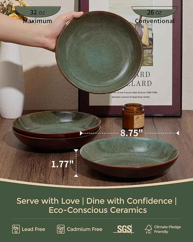 32 Piece Double Bowl Dinnerware Sets with Pasta Bowls, Highly Chip and Crack Resistant Plates and Bowls Sets, Natural Earthyware Ceramic Dishware Sets, Service for 8 Brown Green