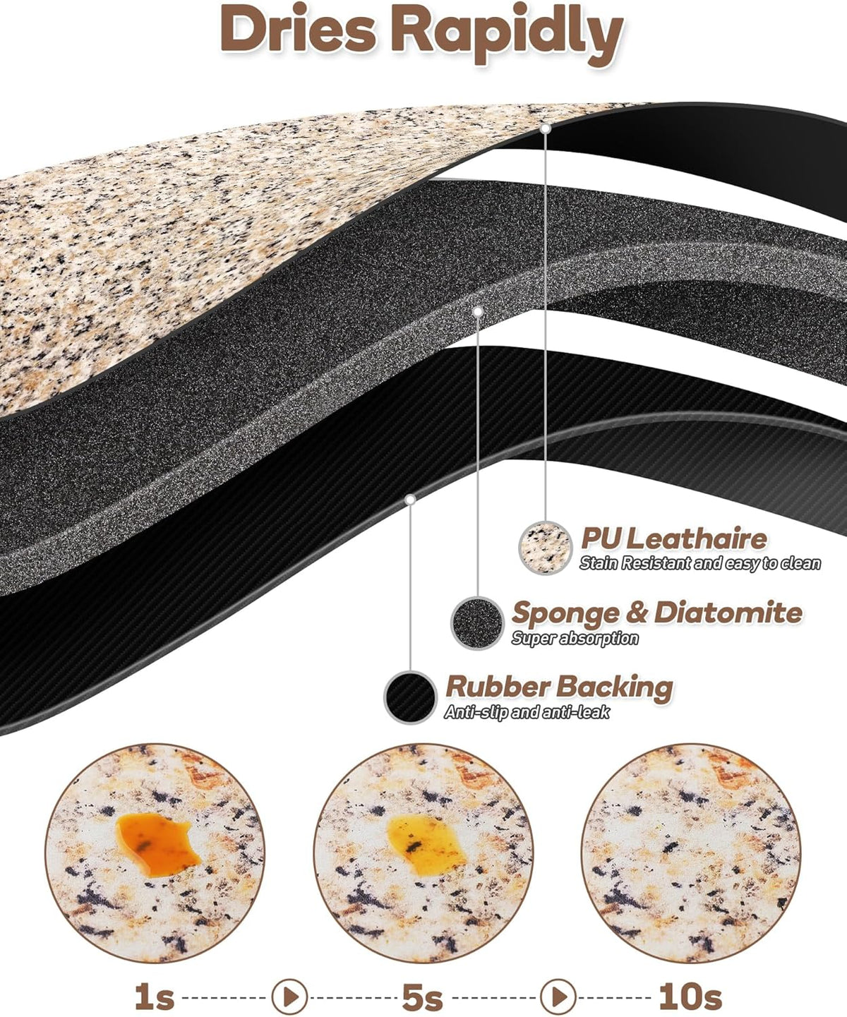 SUEH DESIGN Coffee Mat, Absorbent Dish Drying Mat 23.6 x 15.7 in Quick Dry Coffee Mat Large Drying Mats for Kitchen Counter Coffee Bar, Granite Brown