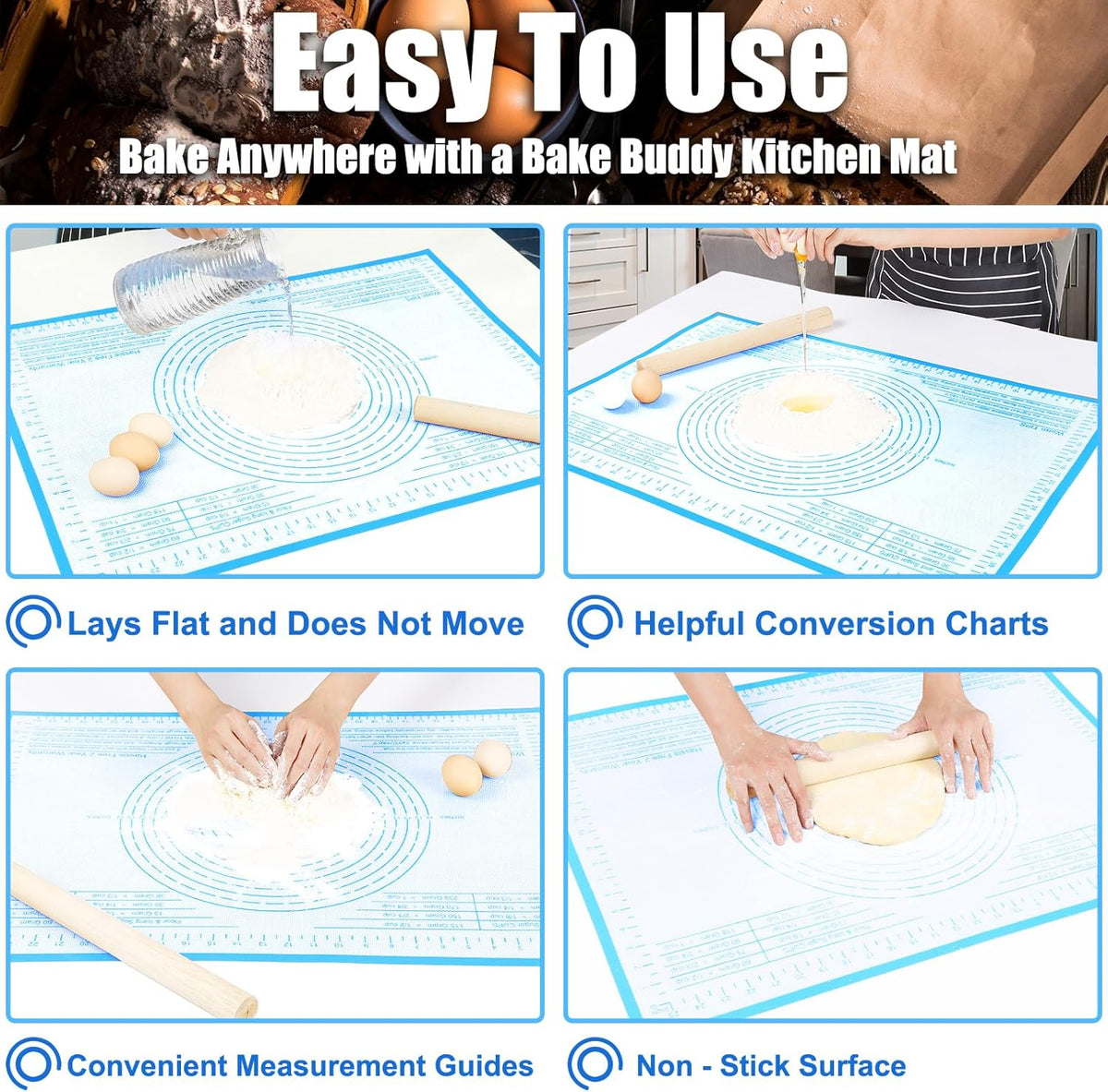 Non-slip Silicone Pastry Mat 34X26 inches Baking Mat with Measurement, Perfect for Dough, Pastry, Pie Crust, Fondant, Cookies, Bread, Pasta, Pizza, Food Grade Kitchen Counter Mats