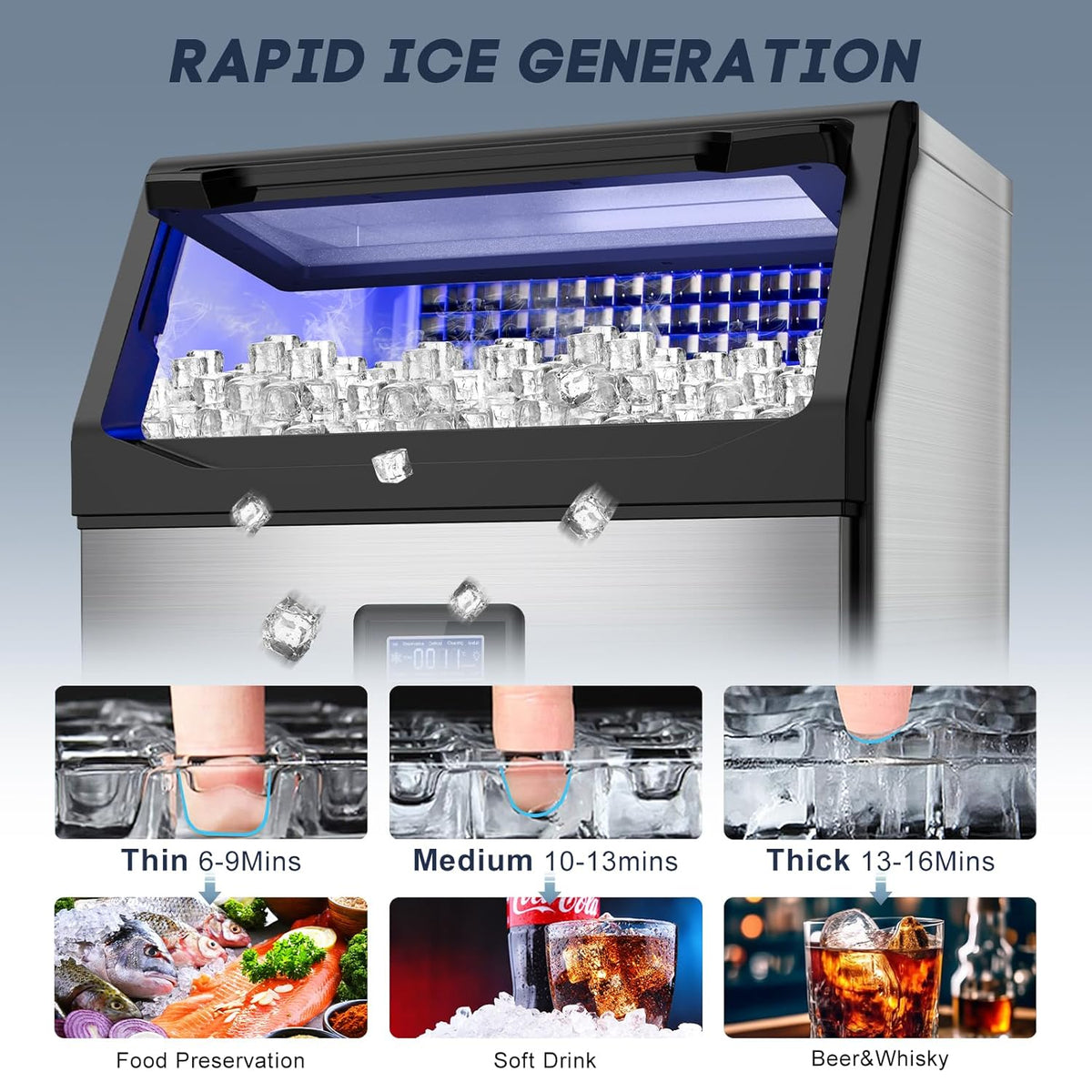 300LBS/24H Commercial Ice Maker Machine with 75LBS Storage Bin, Stainless Steel Undercounter/Freestanding Ice Maker Machine for Home Bar Outdoor, 108PCS Ice Cubes Ice Machine