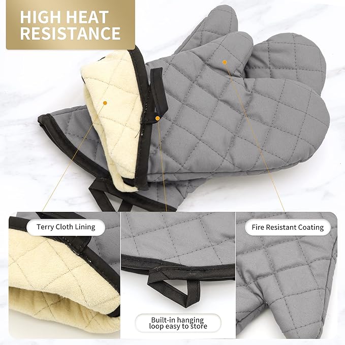 ARCLIBER Oven Mitts 2 Pairs of Quilted Terry Cloth Cotton Lining,Extra Long Professional Heat Resistant Kitchen Oven Gloves,16 Inch,Gray
