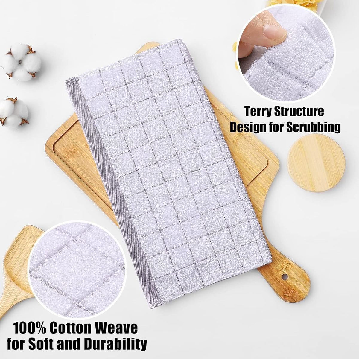 Homaxy 100% Cotton Terry Kitchen Dish Cloths, Ultra Soft and Absorbent Dish Towels for Kitchen, Suitable for Drying and Washing Dishes, 12 Pack, 12 x 12 Inches, White