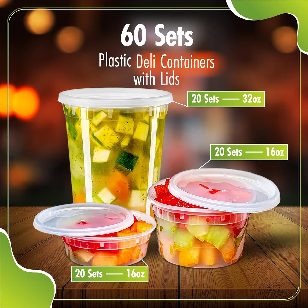 Deli Containers with Leakproof Lids-60 Sets [ 20sets-8oz, 20sets-16oz, 20sets-32oz] BPA-Free Plastic Microwaveable Clear Food Storage Container Premium Heavy-Duty, Freezer & Dishwasher Safe…
