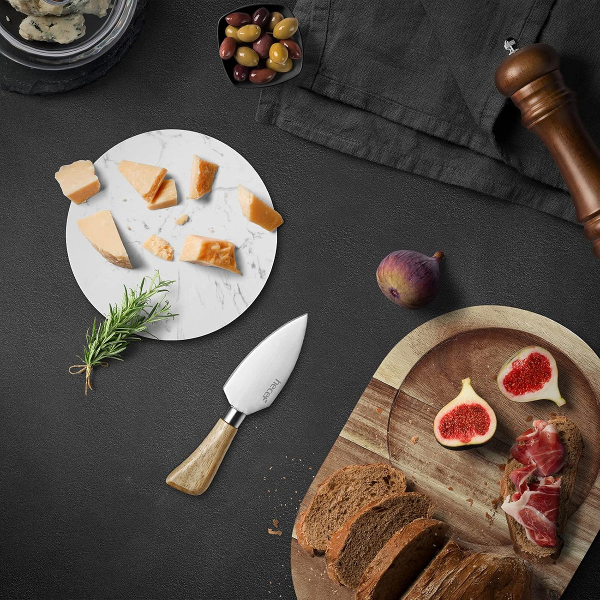 hecef Oval Wooden Cheese Board Set, Acacia Wood Cheese Serving Board with White Marble & Cheese Knife, Cheese Serving Tray for Cheese, Cake, Appetizers