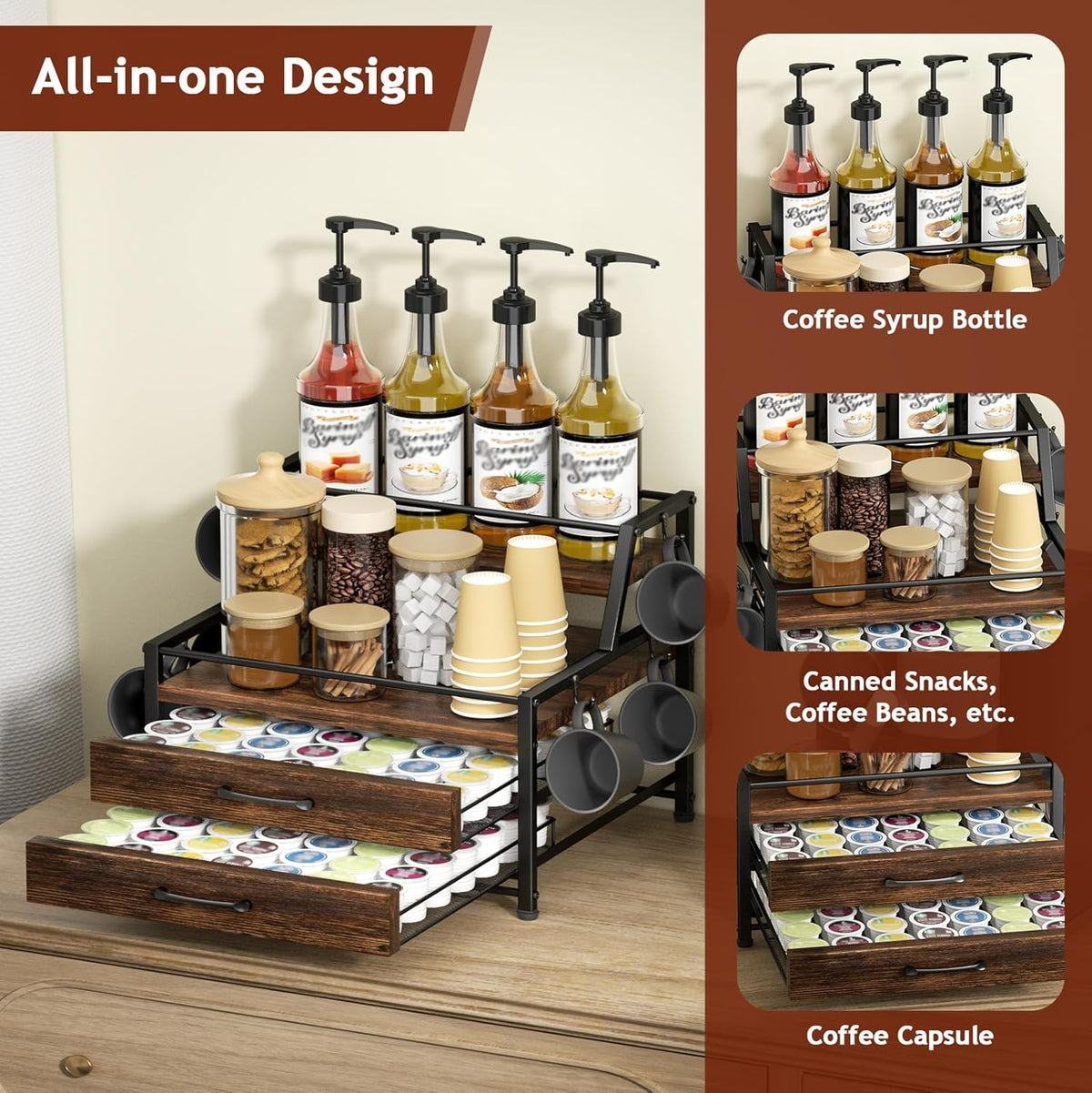 Coffee Syrup Rack Organizer - 4-Tier 8 Syrup Wine Bottles Stand with 82 Storage Drawer for K Cups, Coffee Pod Holder for Countertop, Bar Station, Kitchen, Rustic Brown