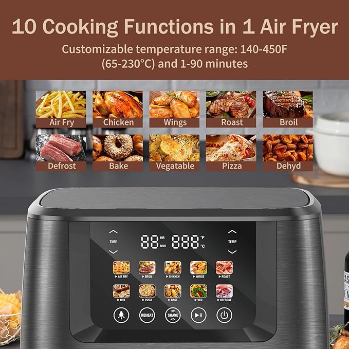 SEEDEEM Max XL Air Fryer 8QT, 10-in-1 Digital Air Fryer Oven with Color Touchscreen & Viewing Window, Toaster Oven Combo for Broil, Roast, Dehydrate, Bake – Black