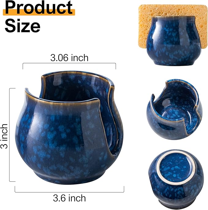 Ceramic Sponge Holder, Kitchen Sink Scrubby Caddy Organizer Dish Sponge Dish Rack for Scrubbers, Bathroom, Sink, Blue