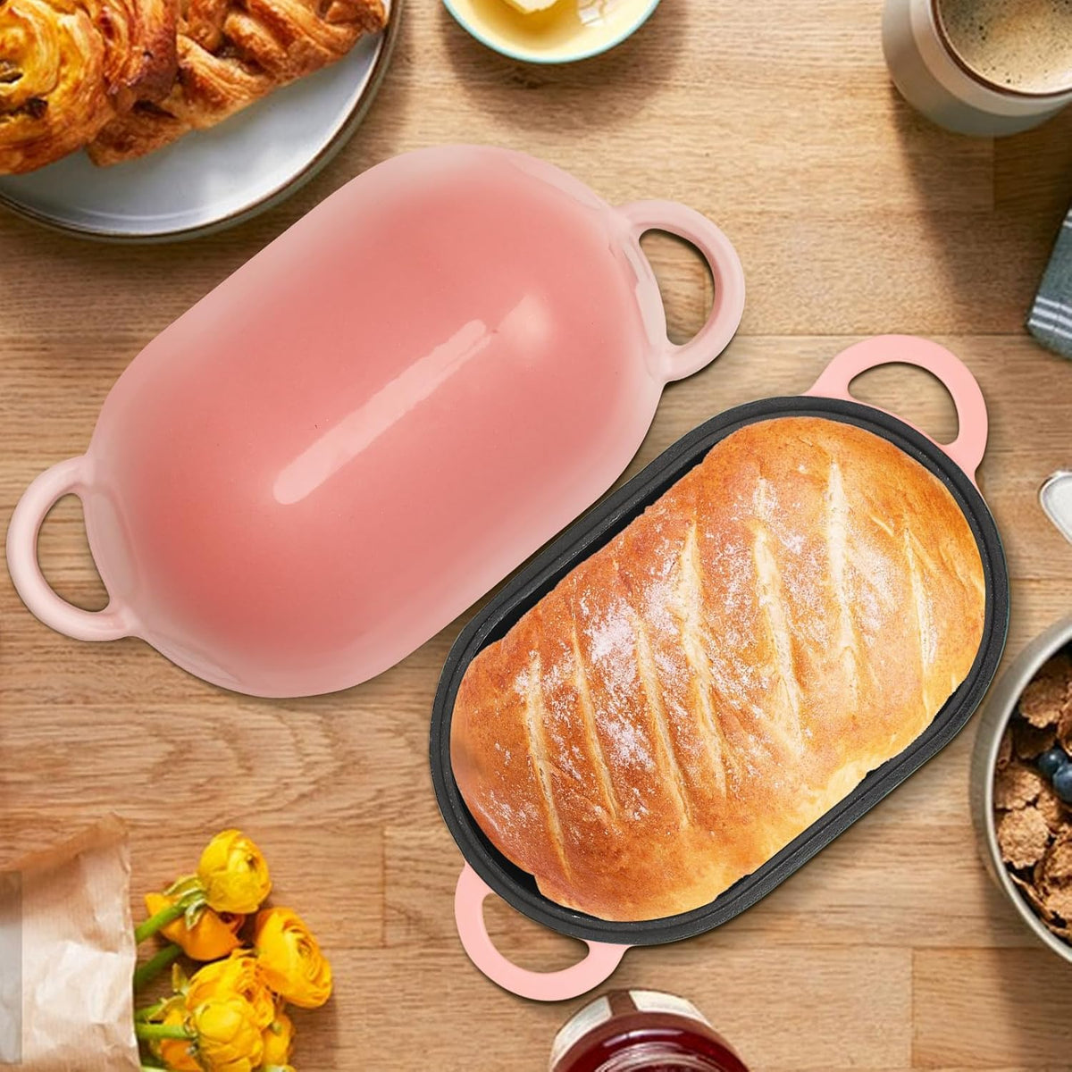 Enameled Cast Iron Bread Oven, 5QT Loaf Cast Iron Bread Pan with Lid, Oval Dutch Oven for Homemade Bread Baking (Gradient Pink)