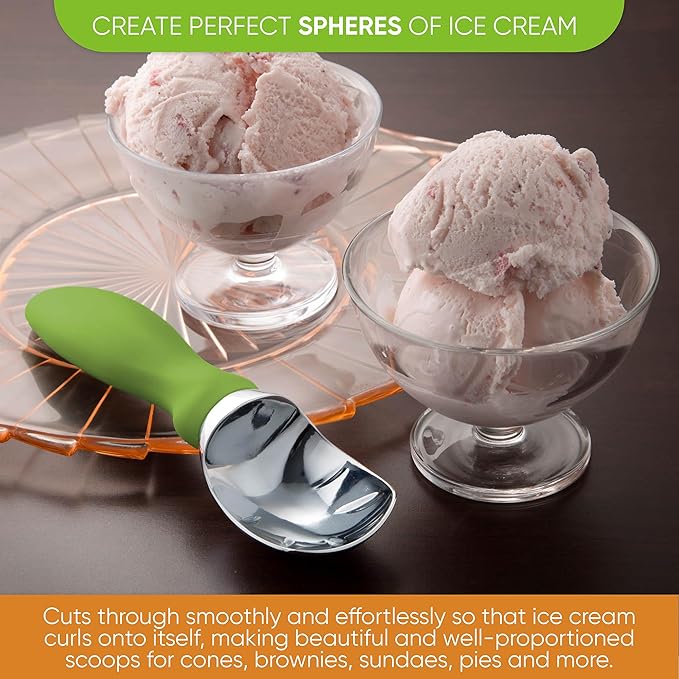 Spring Chef Green Heavy Duty Ice Cream Scoop with Non-Slip Handle - Professional Metal Ice Cream Scooper for Cookie Dough, Frozen Yogurt, Gelato, Sorbet, Melon - Dishwasher Safe Kitchen Tool
