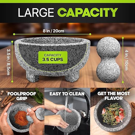 2 Sets Umien™ Granite Mortar and Pestle Set - 100% Granite - 3.5-Cups - 8-Inch – Avocado Tool Included – Natural Stone Molcajete for Spices, Pestos, & Guacamole (Grey) - Stone Grinder - Guacamole