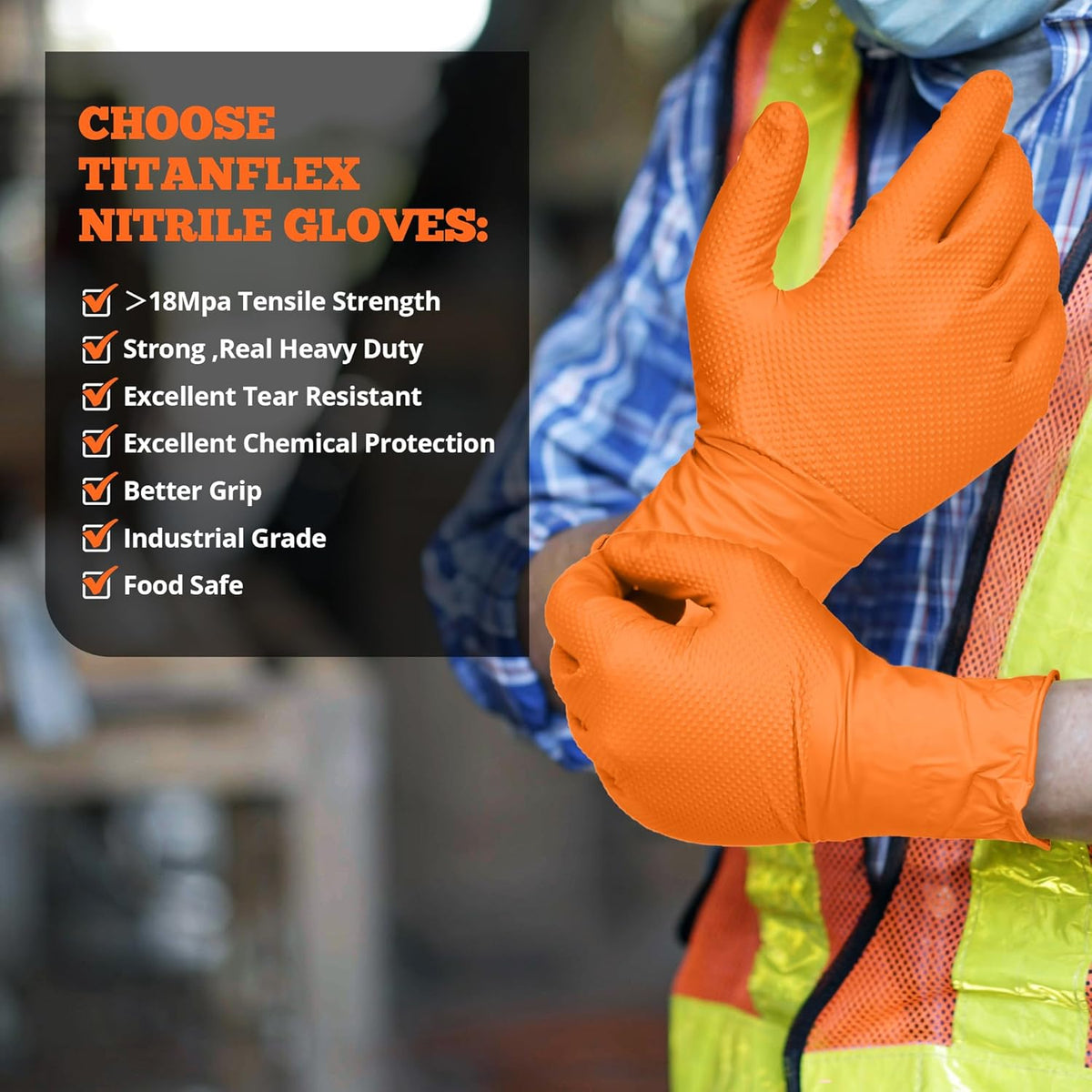 TitanFlex Heavy Duty Orange Nitrile Gloves, 6 Mil, Raised Diamond Texture, Mechanic Disposable Gloves, Latex Free Powder Free