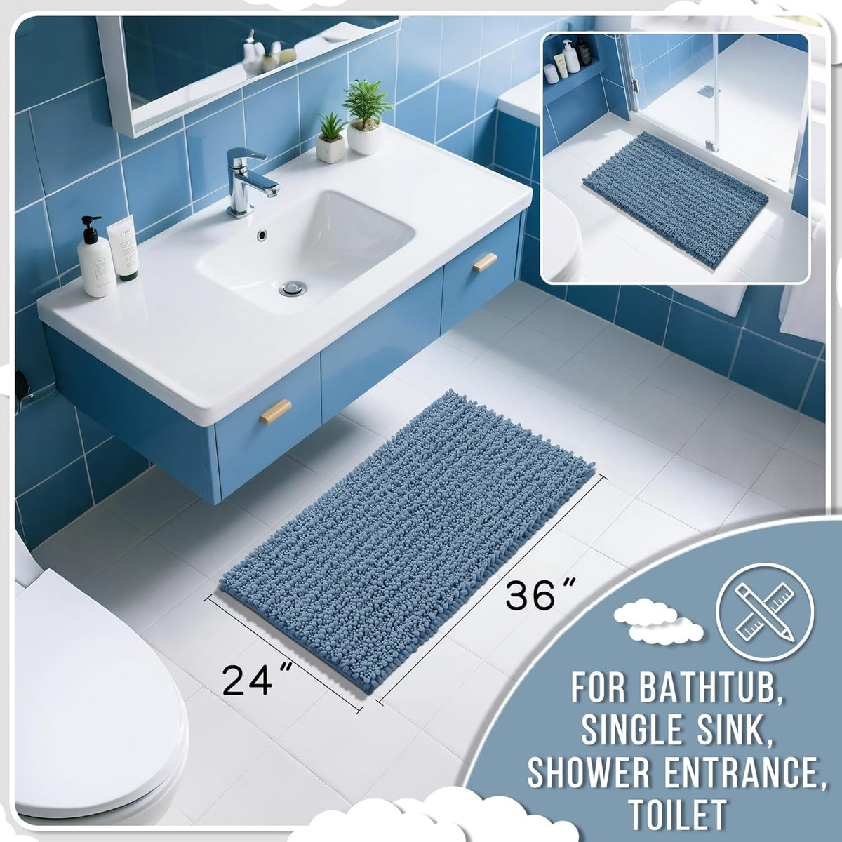 Yimobra Large Bathroom Rugs Non Slip Washable 36x24 Inch - Ultra Soft Absorbent Chenille Bath Mat, Quick Dry Shaggy Floor Carpet for Tub Shower, Denim Blue Home Decor Accessories