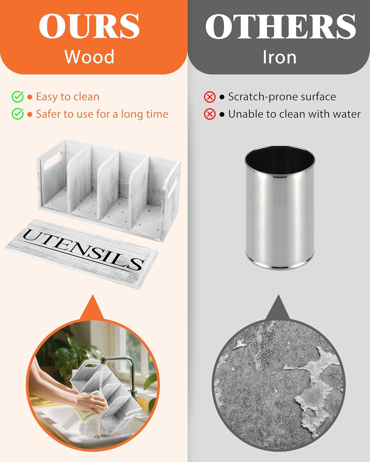 Kitchen Utensil Holder for Kitchen Counter Large Wooden Organizer for Cooking Utensils Utensil Holder Counter Rustic Décor