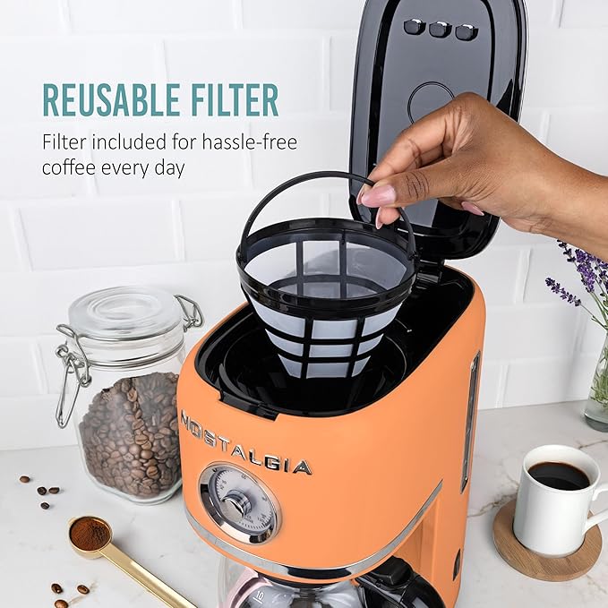 Nostalgia Classic Retro 10 Cup Coffee Maker - One-Touch Drip Brew, Reusable Filter - Anti-Drip, Auto Shutoff, & Time Display - Dishwasher Safe 50 oz Carafe - Orange