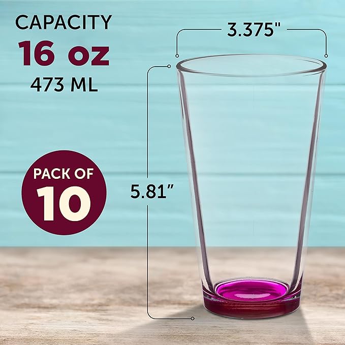 DISCOUNT PROMOS Arc Pint Glass 16 oz. Set of 10, Bulk Pack - Beer Glasses, Heavy Duty Drinkware - Pink