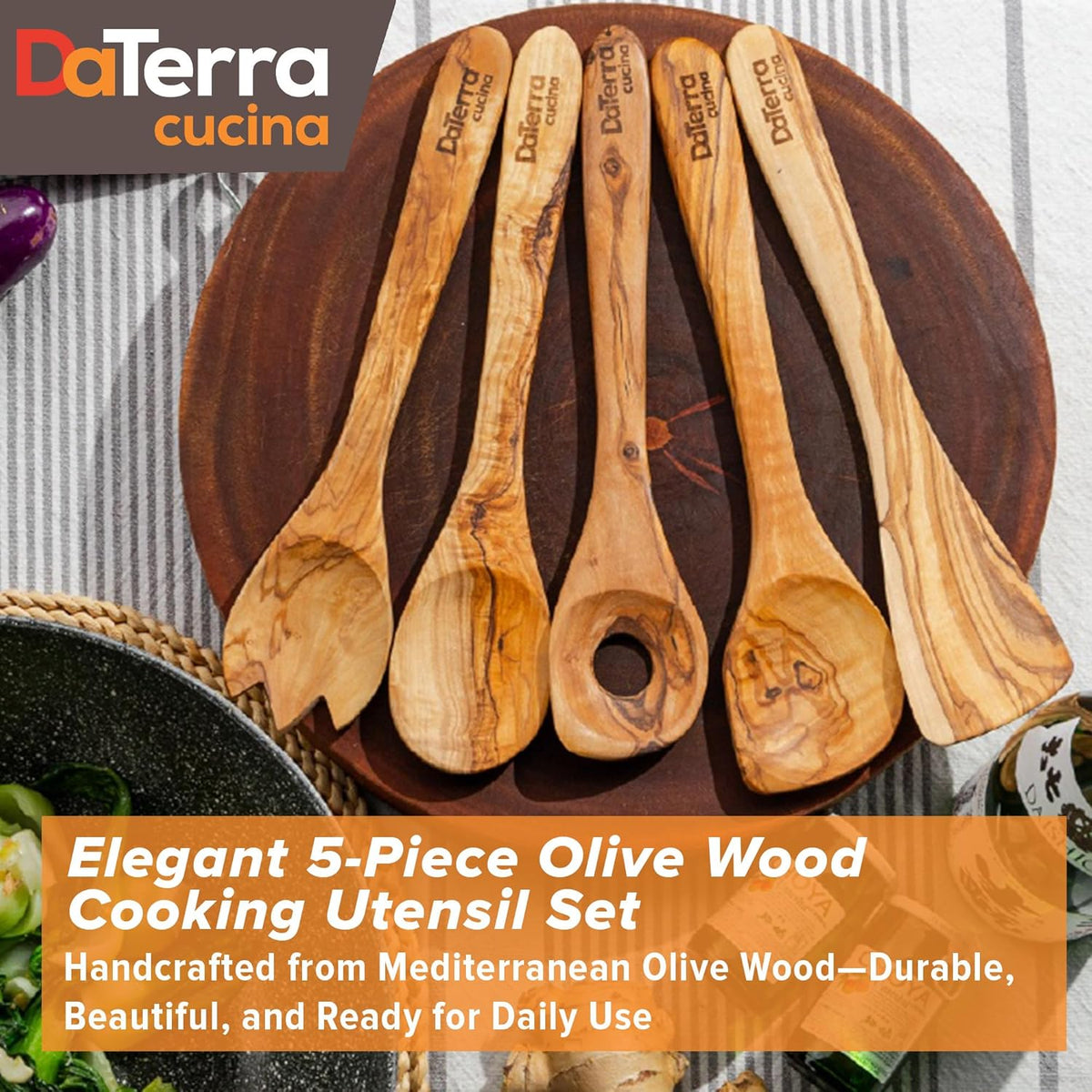 12-Inch Olive Wood Cooking Tools – 5-Piece Wooden Kitchen Utensils Set with Spoons, Spatulas & Cooking Tools – Wood Kitchen Utensils Set for Cooking – Crafted Wood Essentials by DaTerra Cucina