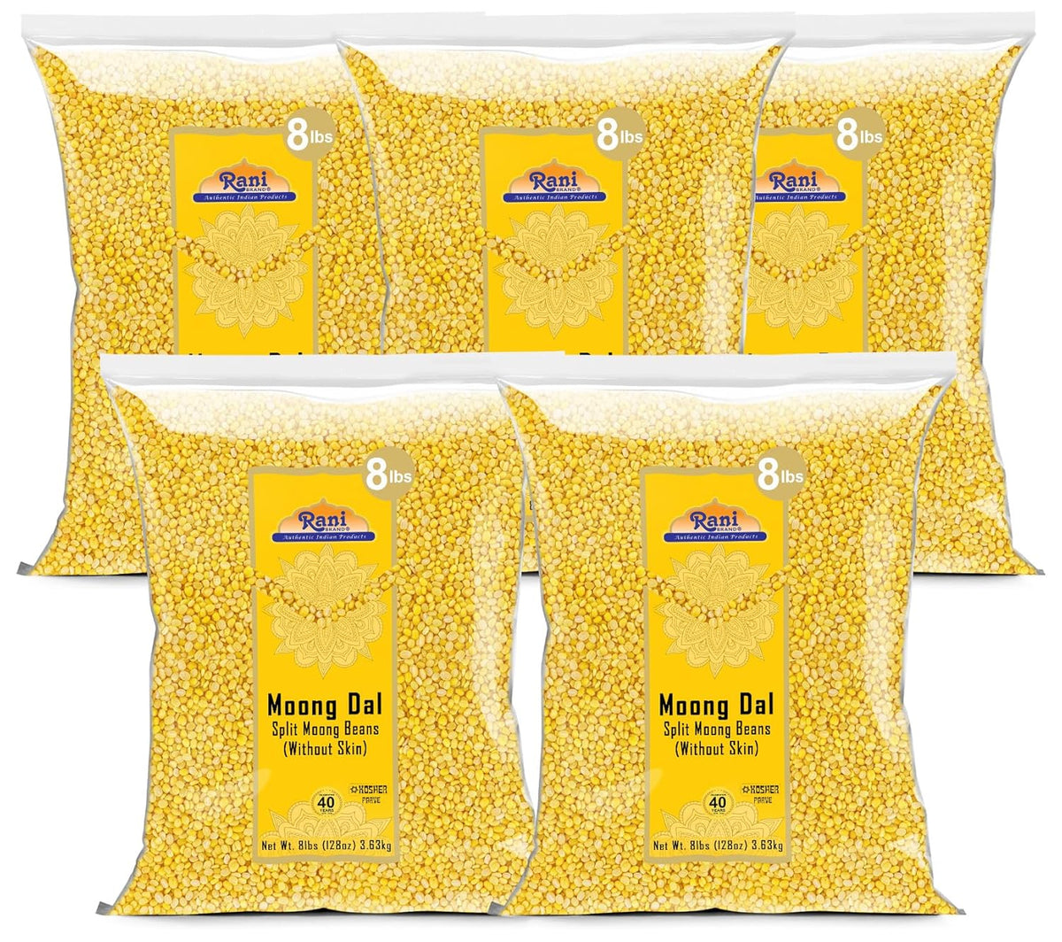 Rani Moong Dal (Split Mung Beans Without Skin) Lentils Indian 128oz (8lbs) 3.63kg x Pack of 5 (Total 40lbs) Bulk ~ All Natural | Gluten Friendly | Non-GMO | Kosher | Vegan | Indian Origin