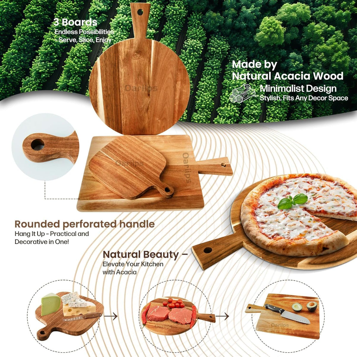 Acacia Wood Cutting Board Set of 3 with Handles – Round, Rectangular & Paddle Charcuterie Boards for Cheese, Meat, Pizza, Bread & Fruits